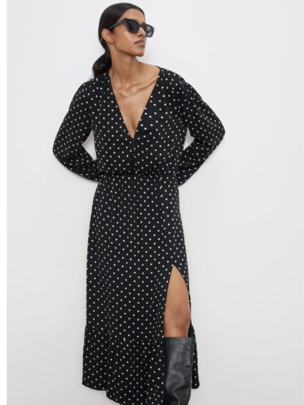 Zara Black & White Polka Dot Long Sleeve Midi Wrap Dress – Size Medium